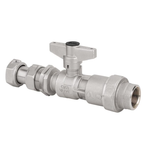 FE BALL VALVE WITH INSPECTABLE UFR - EXTENSION FITTING WITH SWIVEL NUT - LOCK NUT - BRASS HANDLE - WATER METER OUTLET