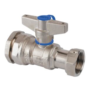 POLY/FE BALL VALVE FR WATER METER INLET WITH TAMPER PROOF DEVICE - T12 SERIES - BRASS HANDLE